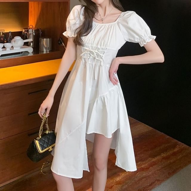 Asymmetrical Short-Sleeve Dress Neck Square Plain A-Line