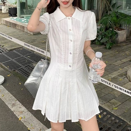 Mini Pleated Shirt Dress Short-Sleeve Plain