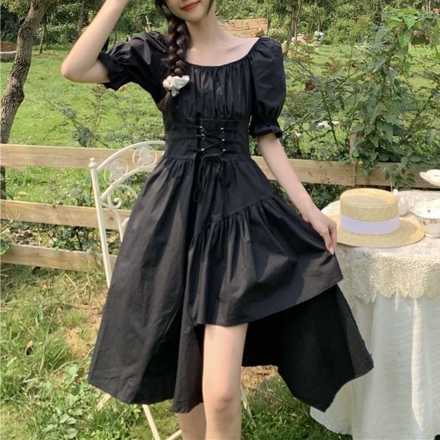 Asymmetrical Short-Sleeve Dress Neck Square Plain A-Line