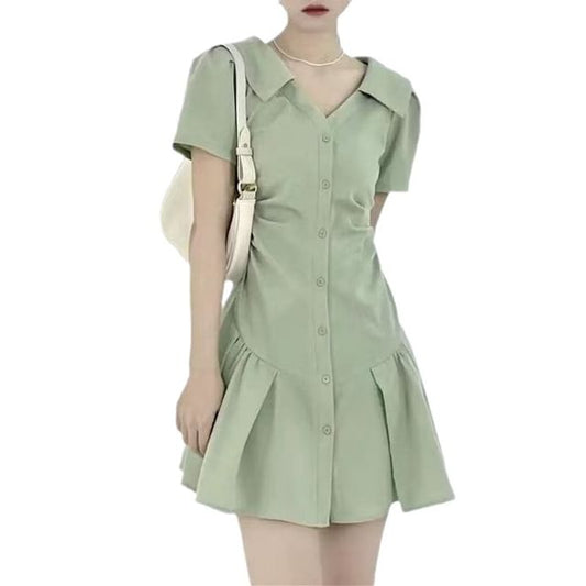A-Line Plain Dress Short-Sleeve V-Neck Button-Up Mini