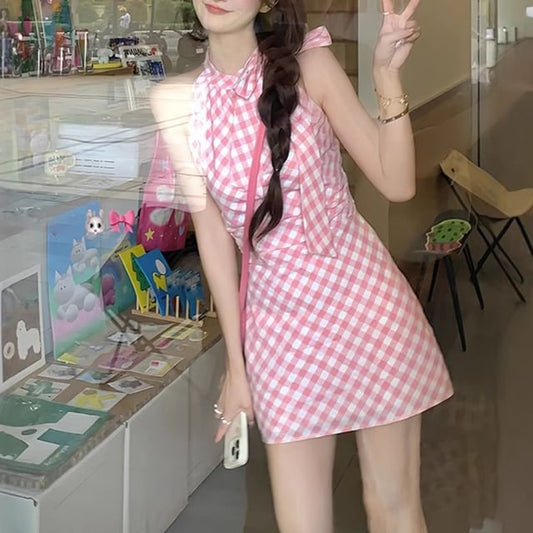Sleeveless Mini Plaid Dress A-Line