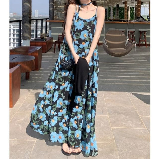 Dress A-Line Scoop Maxi Strap Print Spaghetti Neck Floral