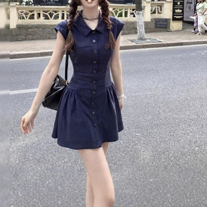 Short-Sleeve Mini Plain Dress A-Line Shirt