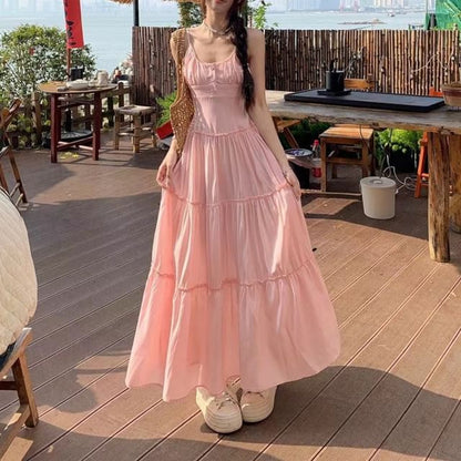 Plain Neck A-Line Strap Spaghetti Dress Scoop Maxi