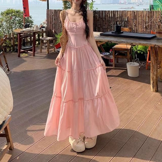Plain Neck A-Line Strap Spaghetti Dress Scoop Maxi