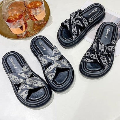 Knot Print Cross Criss Sandals Slide Platform