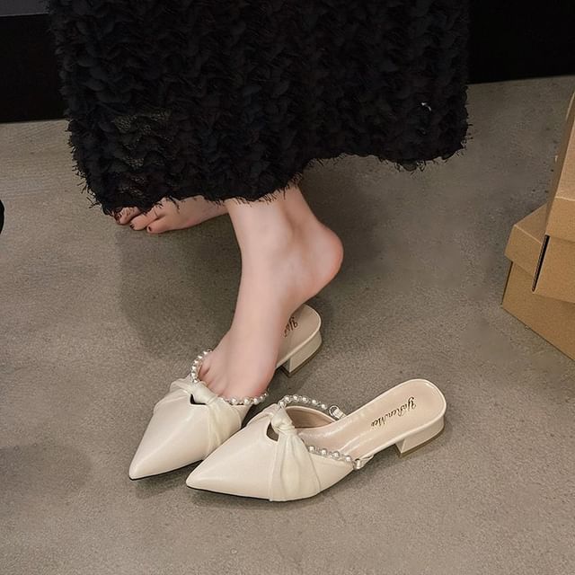 Mules Pearl Chunky Toe Faux Pointed Knot Heel
