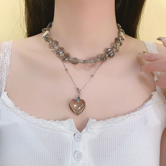 Choker Crystal Faux Pendant Station Heart