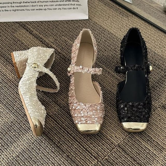 Block Tweed Toe Mary Sequin Heel Pumps Square Jane