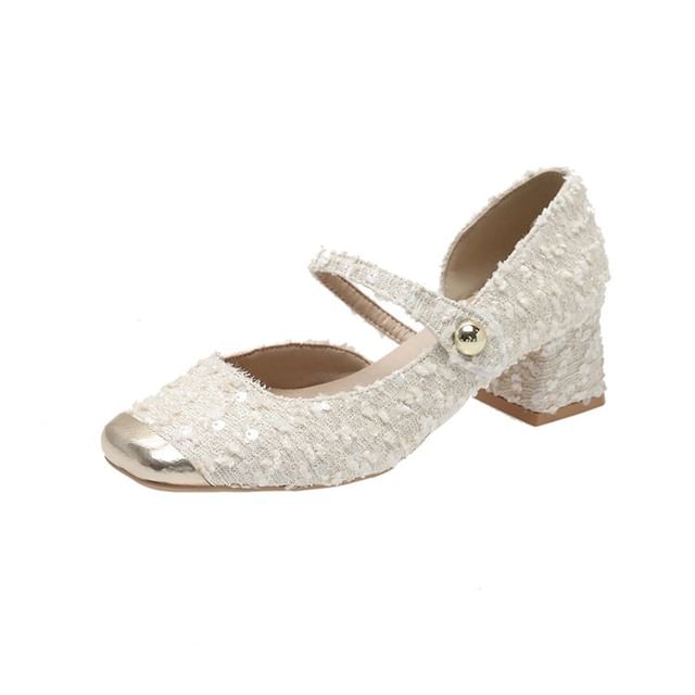 Block Tweed Toe Mary Sequin Heel Pumps Square Jane