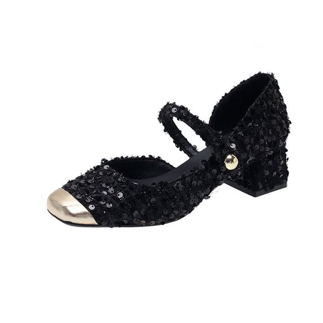 Block Tweed Toe Mary Sequin Heel Pumps Square Jane