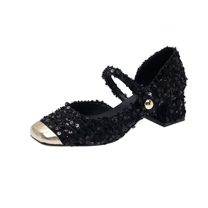Block Tweed Toe Mary Sequin Heel Pumps Square Jane