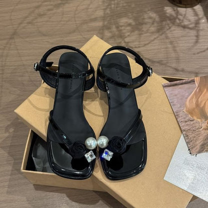 Block Sandals Flower Pearl Heel Faux