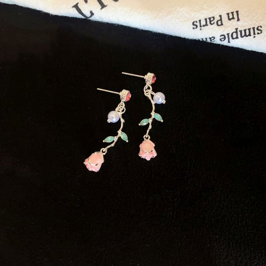 Earring CZ Drop Flower Pearl Faux