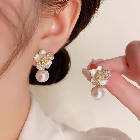 Faux Drop CZ Flower Pearl Earring
