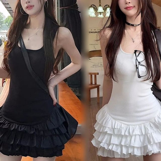 Plain Sleeveless Tiered Mini Dress