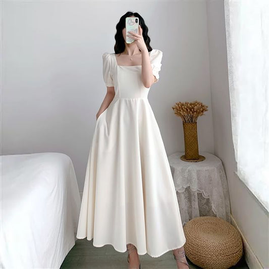 Plain A-Line Dress Short-Sleeve Neck Maxi Square
