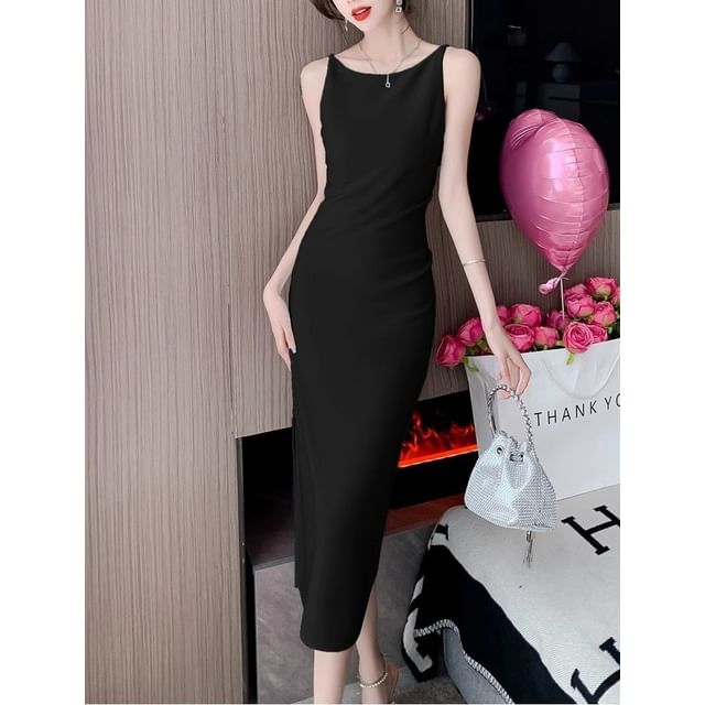 Sheath Plain Midi Sleeveless Dress
