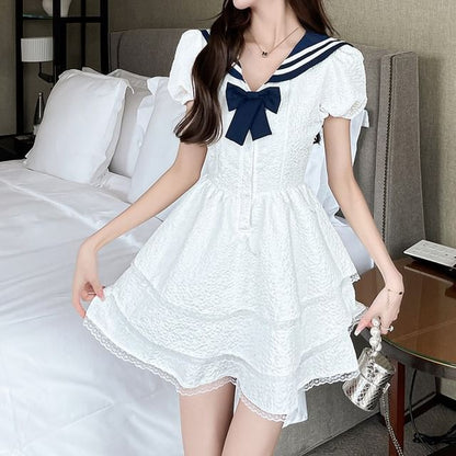 Dress Short-Sleeve Mini Collar Sailor A-Line