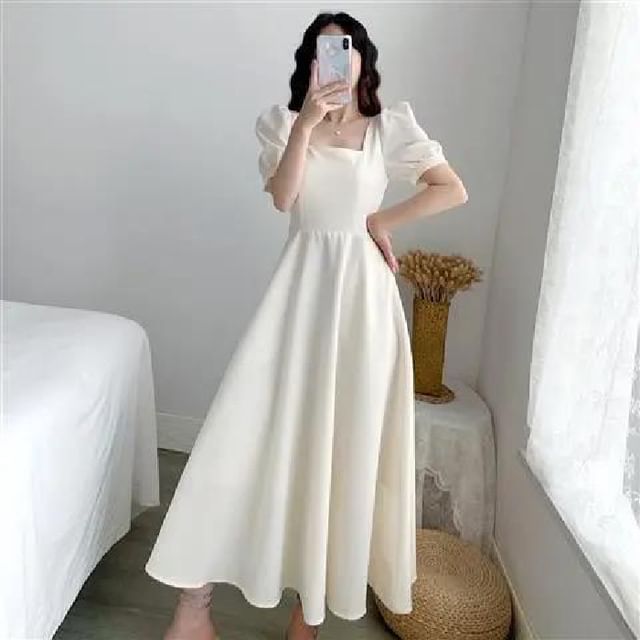 Plain A-Line Dress Short-Sleeve Neck Maxi Square