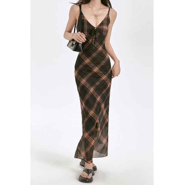 Dress Sheath Maxi Plaid Spaghetti Strap V-Neck