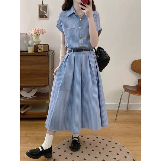 Maxi Striped A-Line Shirt Short-Sleeve Dress