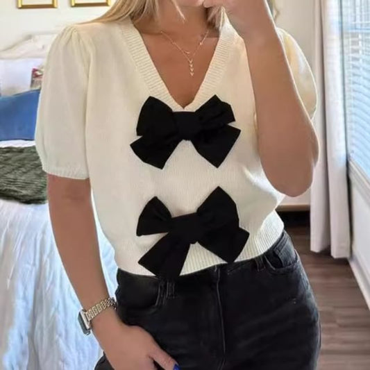 Accent Tone Two Top Bow V-Neck Crop Knit Puff-Sleeve