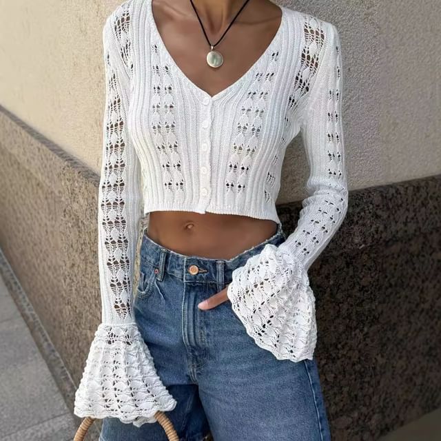 Perforated Flared-Cuff V-Neck Crop Plain Cardigan Button-Up