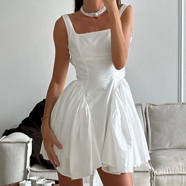 Back Plain Mini Tie Dress Square A-Line Neck Open Sleeveless Waist