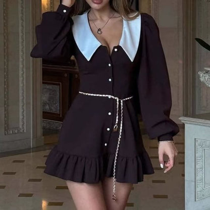 Collar Long-Sleeve Dress Mini Button-Up Hem Contrast Ruffle A-Line