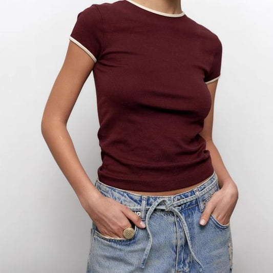 Crop Tee Trim Slim Neck Contrast Crew Fit Short-Sleeve