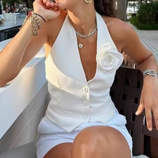 Halter Flower Back Plain Open Crop V-Neck Vest Single-Breasted Accent
