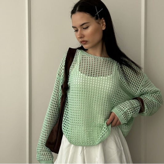 Round Long-Sleeve Top Plain Neck Perforated Knit