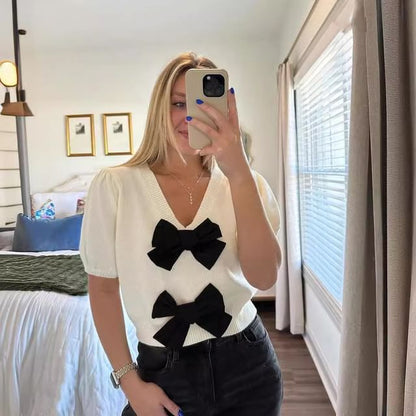Accent Tone Two Top Bow V-Neck Crop Knit Puff-Sleeve