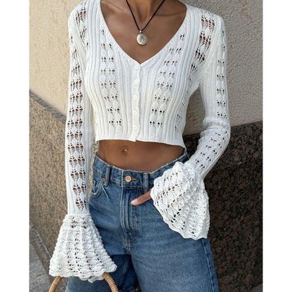 Perforated Flared-Cuff V-Neck Crop Plain Cardigan Button-Up