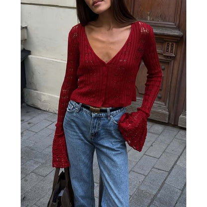 Perforated Flared-Cuff V-Neck Crop Plain Cardigan Button-Up