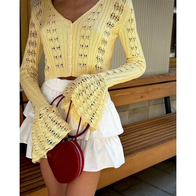 Perforated Flared-Cuff V-Neck Crop Plain Cardigan Button-Up