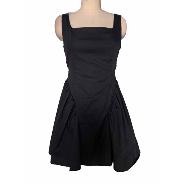 Back Plain Mini Tie Dress Square A-Line Neck Open Sleeveless Waist
