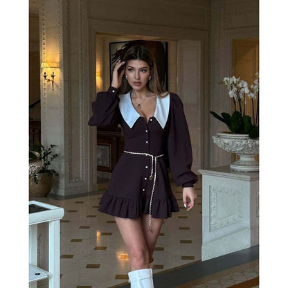 Collar Long-Sleeve Dress Mini Button-Up Hem Contrast Ruffle A-Line