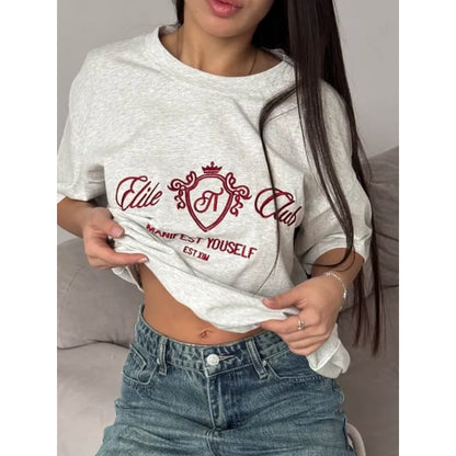 Neck Elbow-Sleeve Lettering Crew Embroidered Tee