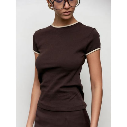 Crop Tee Trim Slim Neck Contrast Crew Fit Short-Sleeve