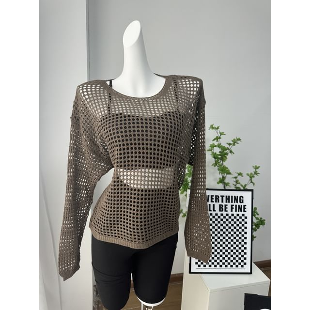 Round Long-Sleeve Top Plain Neck Perforated Knit