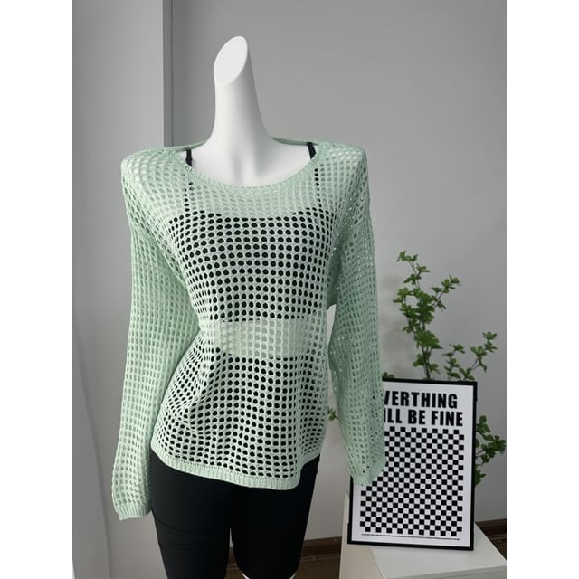 Round Long-Sleeve Top Plain Neck Perforated Knit