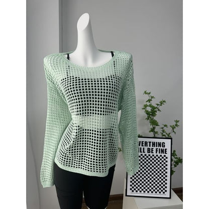 Round Long-Sleeve Top Plain Neck Perforated Knit