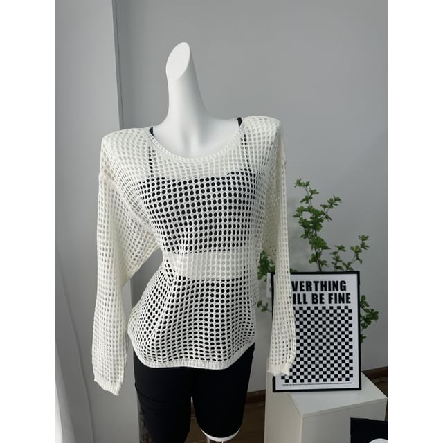 Round Long-Sleeve Top Plain Neck Perforated Knit