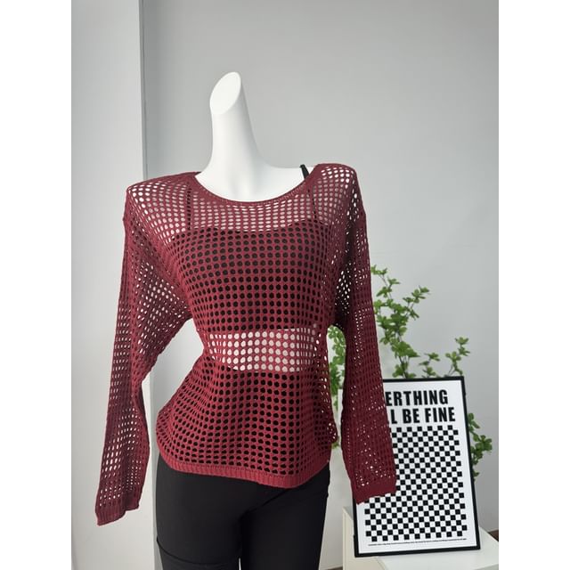 Round Long-Sleeve Top Plain Neck Perforated Knit