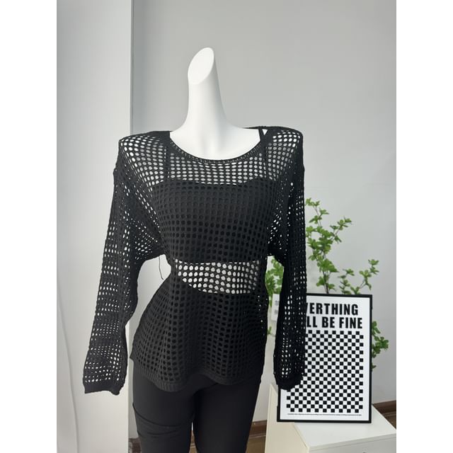 Round Long-Sleeve Top Plain Neck Perforated Knit