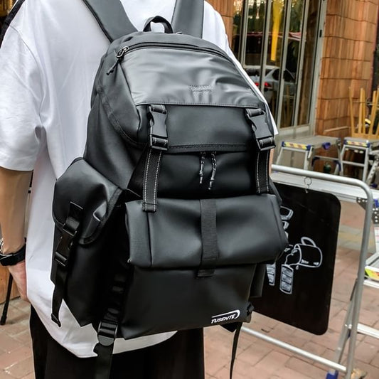 Buckled Faux Lettering Leather Backpack