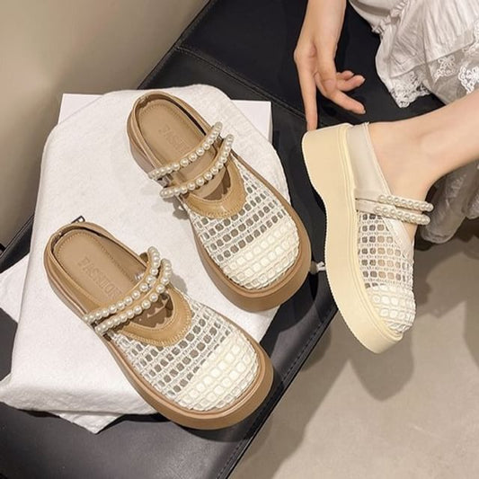 Platform Detail Mules Pearl Mesh Faux