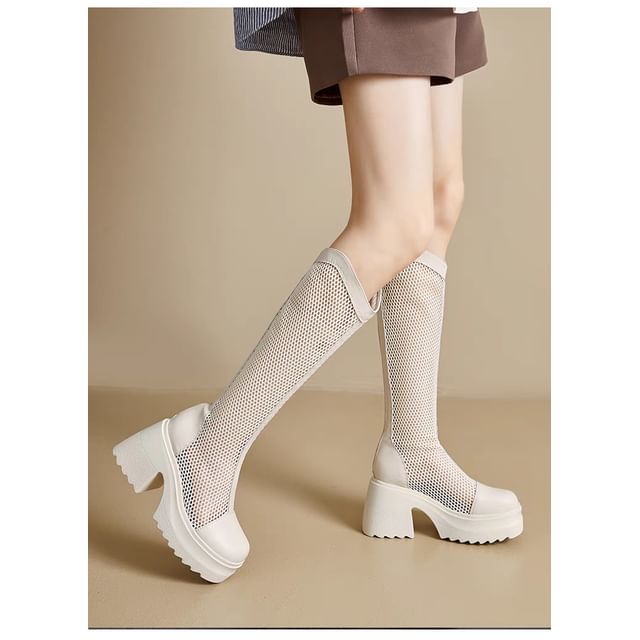 Boots Platform Mesh Plain Heel Block Tall
